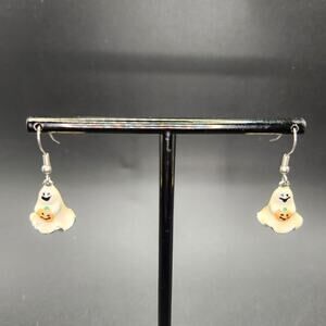 Halloween Ghost Pumpkin Dangle Earrings Enamel Charm Black Cream Fishhook 1.25in